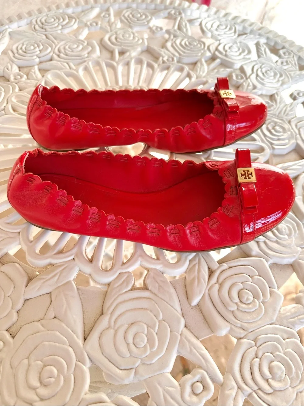 Tory Burch Red Patent Ballet Flats with Gold Logo Accent and Ruffle Trim